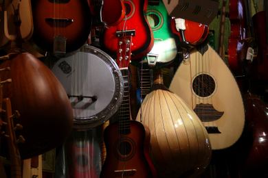 A crowd of plucked string instruments hanging close together.